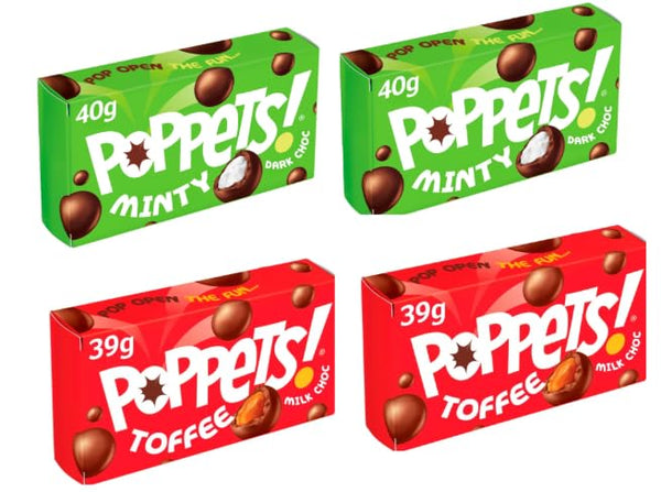 Poppets! Minty Dark Choc and Toffee Milk Choc Chocolate Sweets, 40g and 39g
