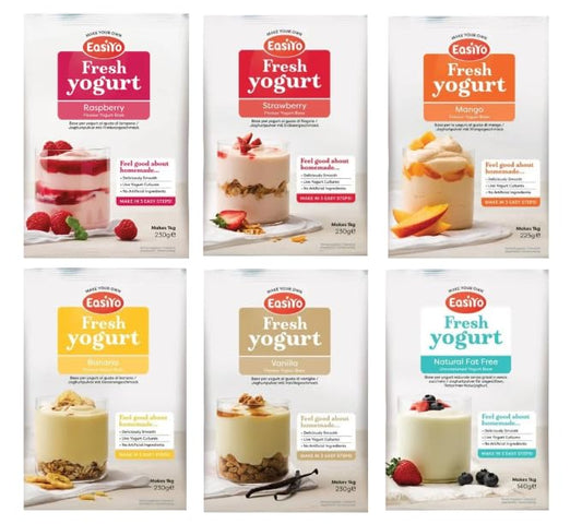 EasiYo Fresh Yogurt Mix, Assorted Flavours - Raspberry, Strawberry, Mango, Banana, Vanilla, Natural Fat Free