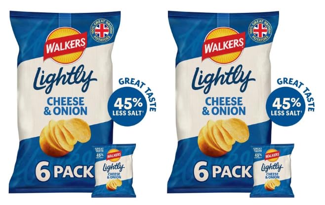 Walkers Lightly Cheese & Onion Crisps, 45% Less Salt.