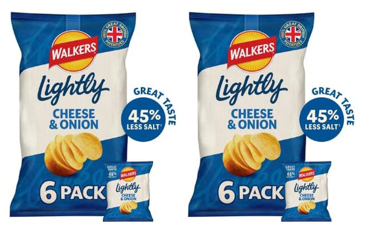 Walkers Lightly Cheese & Onion Crisps, 45% Less Salt.