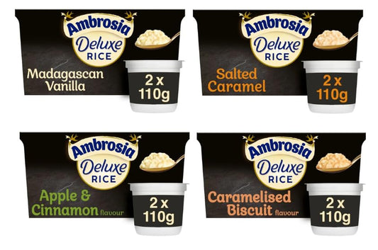 Ambrosia Deluxe Rice Pudding Variety Pack, Madagascan Vanilla, Salted Caramel, Apple & Cinnamon, Caramelised Biscuit, 2x110g Each - (Pack of 8)