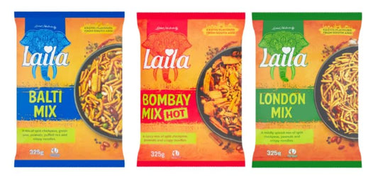 Laila Snack Mix Variety Pack, Balti Mix, Bombay Mix Hot, London Mix, 325g Each