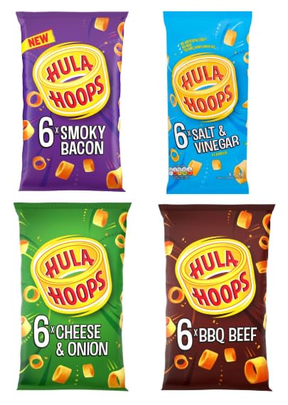 Hula Hoops Multipack Crisps, Smoky Bacon, Salt & Vinegar, Cheese & Onion, BBQ Beef, 4 Varieties.