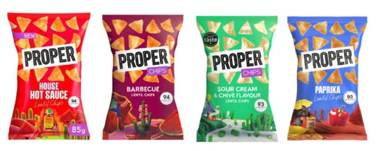 PROPER Chips Lentil Chips, Variety of Flavours, House Hot Sauce, Barbecue, Sour Cream & Chive, Paprika, 85g