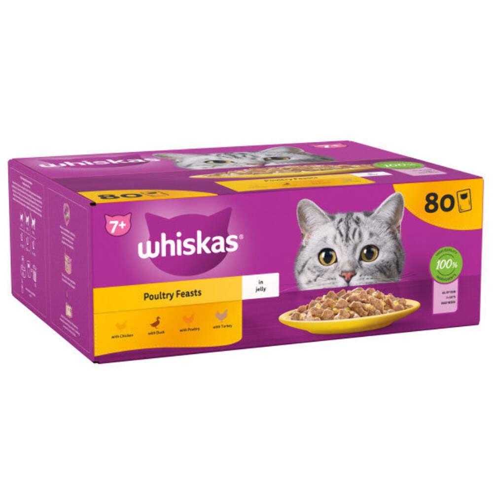 whiskas 7+ Poultry Feasts Senior Wet Cat Food Pouches in Jelly 80 × 85g Pouches