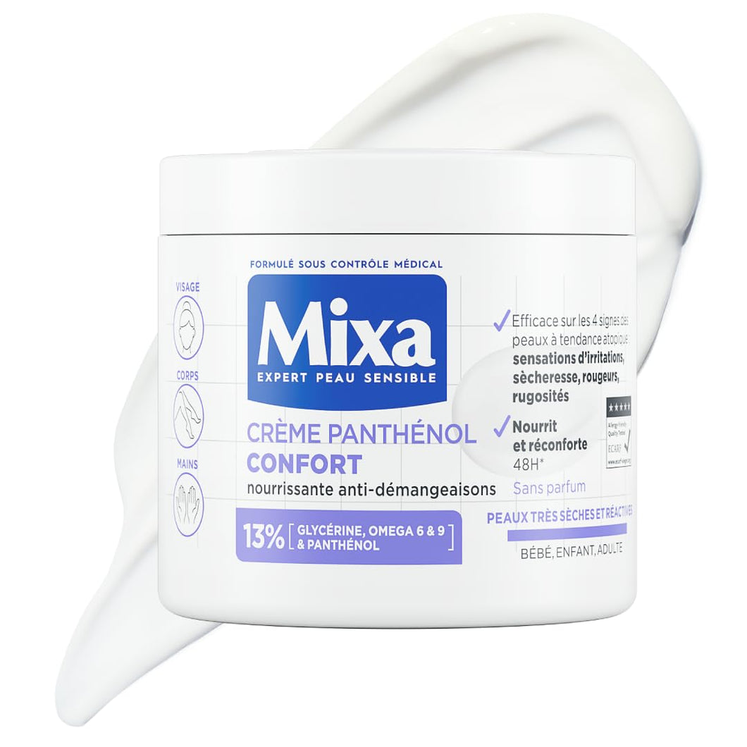 Mixa Expert Cream for Sensitive Skin - Panthenol Comfort - Against Itching - Very Dry and Reactive Skin - Face, Body, Hands - Baby, Children, Adults, Hypoallergenic - Perfume Free - 400ml