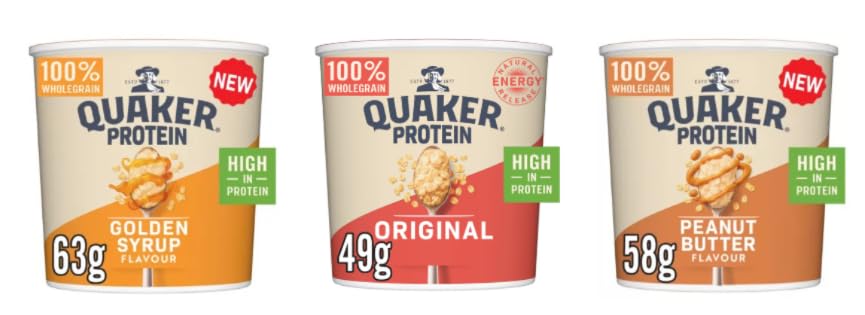 Quaker Protein Oat Pots, High in Protein, 100% Wholegrain, Golden Syrup, Original & Peanut Butter Flavours