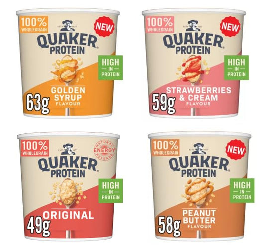 Quaker Protein Porridge Oats, 100% Wholegrain, High in Protein, Golden Syrup, Strawberries & Cream, Peanut Butter, Original Flavours