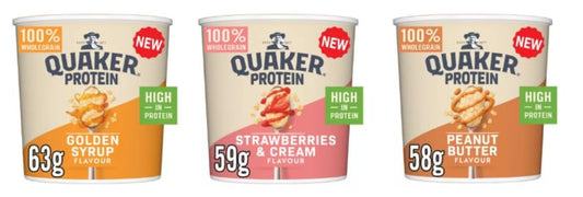 Quaker Protein Oat Pots, 100% Wholegrain, High in Protein, Golden Syrup, Strawberries & Cream, Peanut Butter Flavours
