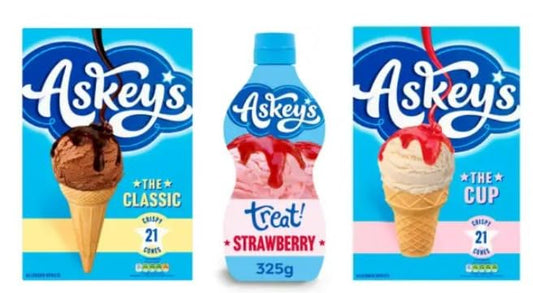 Askey's Classic Crispy Cones, Strawberry Treat Sauce 325g, and Cup Cones, Ice Cream Bundle