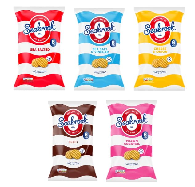 Seabrook Crinkle Cut Crisps, 5 Classic Variety Flavours, Sea Salted, Sea Salt & Vinegar, Cheese & Onion, Beefy, Prawn Cocktail, 6 Bags per Pack