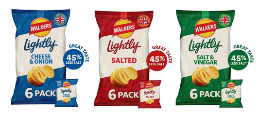 Walkers Lightly Crisps, 45% Less Salt, Variety Pack, Cheese & Onion, Salted, Salt & Vinegar, 6 Pack