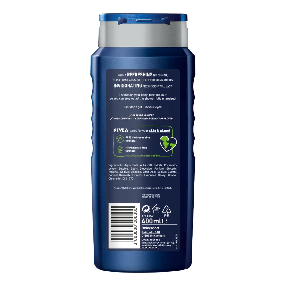 NIVEA MEN Energy Shower Gel (500 ml), Moisturising 3-in-1 Body Wash for Men with Mint Extract, Invigorating and Energising NIVEA MEN Shower Gel
