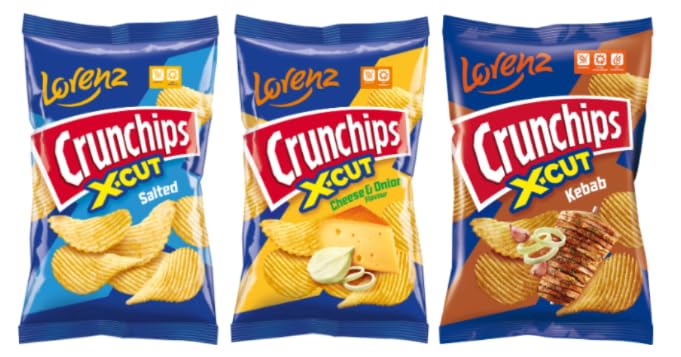 Lorenz Crunchips X-CUT Potato Crisps, Salted, Cheese & Onion, and Kebab Flavour, Ridged Snack