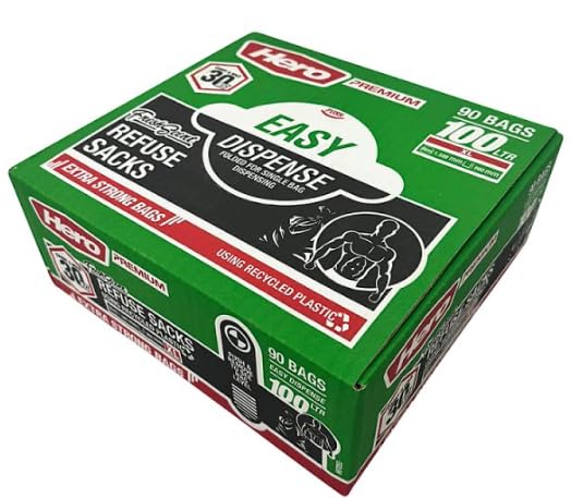 Hero Premium Refuse Sacks, Extra Strong, Easy Dispense, Made with Recycled Plastic, 100 Litre, 90 Bags
