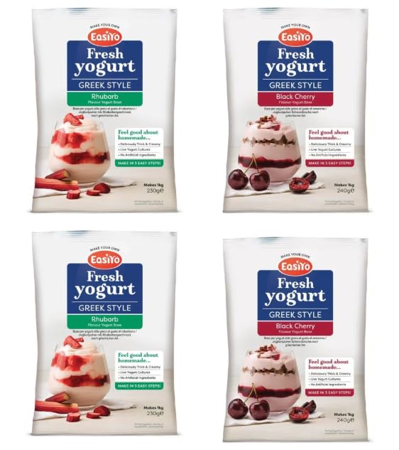 EasiYo Greek Style Yogurt, Rhubarb and Black Cherry Flavours, Makes 1kg