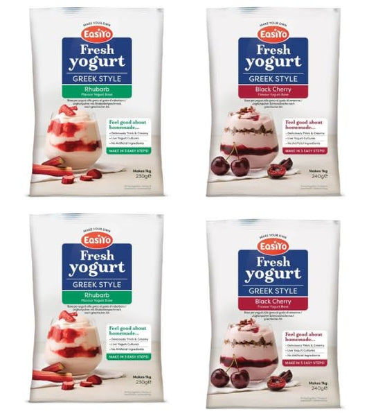 EasiYo Greek Style Yogurt, Rhubarb and Black Cherry Flavours, Makes 1kg