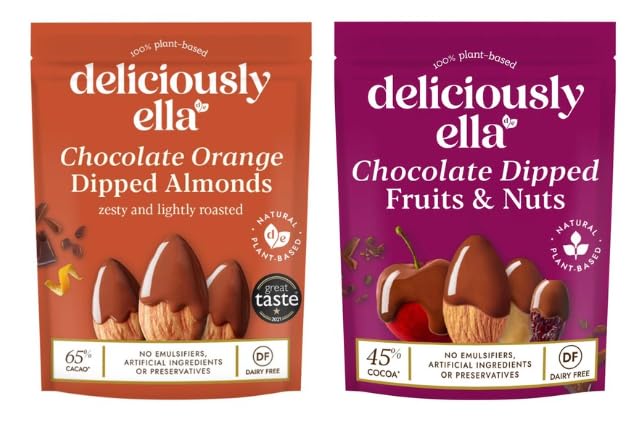 Deliciously ella Chocolate Orange Dipped Almonds and Chocolate Dipped Fruits & Nuts, 100% Plant-Based, Dairy Free