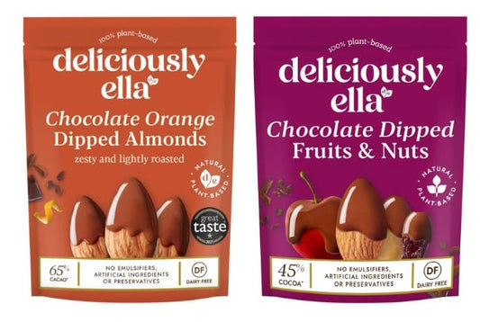 Deliciously ella Chocolate Orange Dipped Almonds and Chocolate Dipped Fruits & Nuts, 100% Plant-Based, Dairy Free