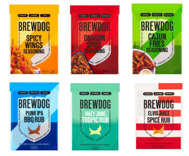 BrewDog Seasoning and Spice Rub Variety Pack, 6 Flavours, Spicy Wings, Dragon Spice, Cajun Fries, Punk IPA BBQ, Hazy Jane, Elvis Juice