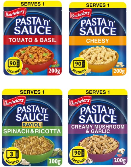 Batchelors Pasta 'n' Sauce Variety Pack, Tomato & Basil, Cheesy, Spinach & Ricotta Ravioli, Creamy Mushroom & Garlic, Serves 1