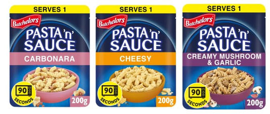 Batchelors Pasta 'n' Sauce Variety Pack, Carbonara, Cheesy & Creamy Mushroom and Garlic, 3 x 200g