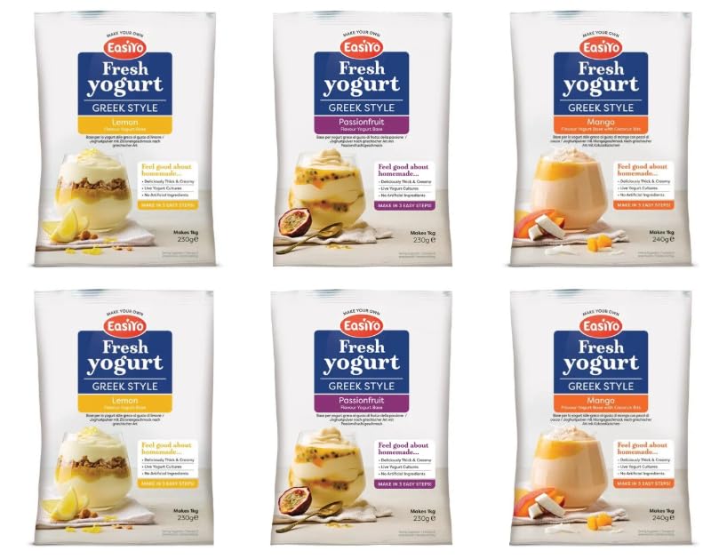 EasiYo Fresh Greek Style Yogurt, Lemon, Passionfruit & Mango Flavours, Makes 1kg