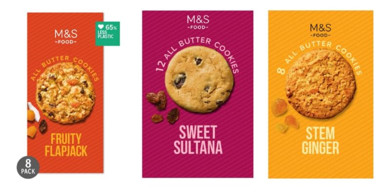 M&S Food All Butter Cookies Variety, Fruity Flapjack, Sweet Sultana, and Stem Ginger