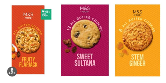 M&S Food All Butter Cookies Variety, Fruity Flapjack, Sweet Sultana, and Stem Ginger