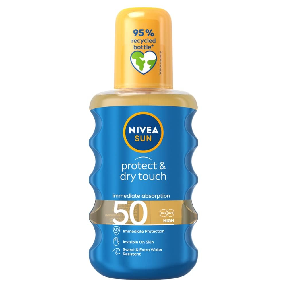 NIVEA SUN Protect & Dry Touch Invisible Sun Spray SPF 50 (200 ml), Water-Resistant Sun Cream, Immediate Protection against UVA & UVB Rays, Transparent/No White Marks
