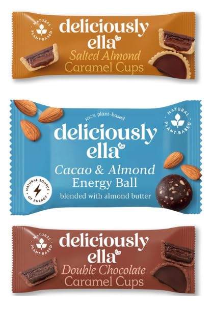 Deliciously ella Plant-Based Snack Variety Pack, Salted Almond Caramel Cups, Cacao & Almond Energy Ball, Double Chocolate