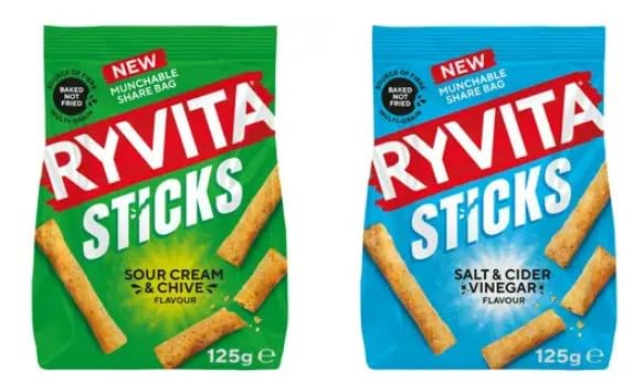 Ryvita Sticks Baked Snack, Sour Cream & Chive and Salt & Cider Vinegar Flavour, Munchable Share Bag, 125g