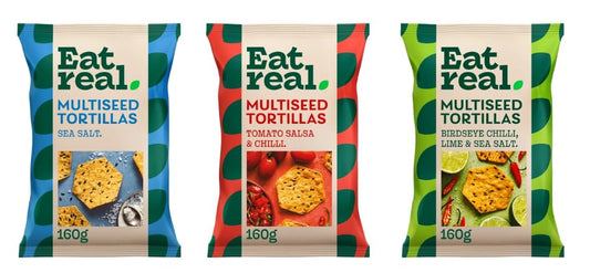 Eat real Multiseed Tortillas, Sea Salt, Tomato Salsa & Chilli, Birdseye Chilli Lime & Sea Salt, 160g