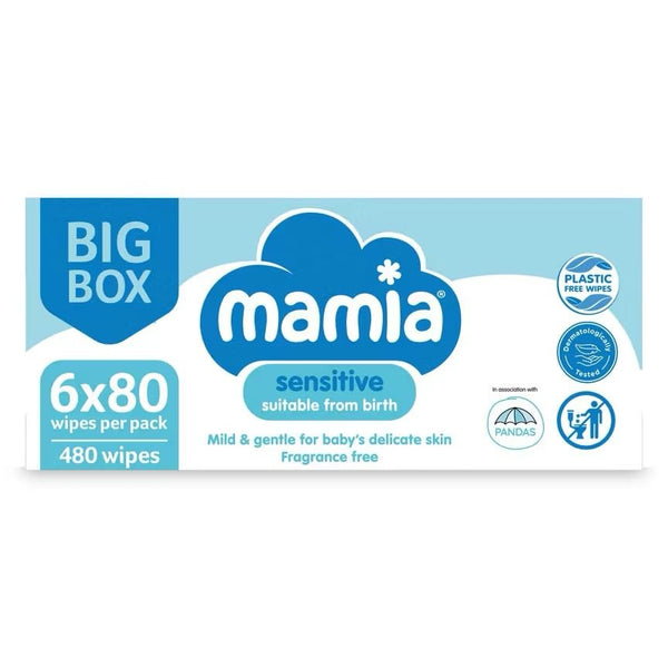 Mamia Sensitive Baby Wipes, 6 x 80 Wipes