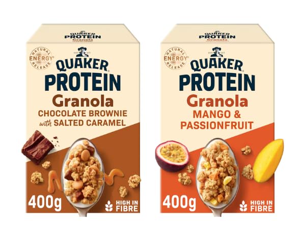 Quaker Protein Granola, Chocolate Brownie with Salted Caramel & Mango and Passionfruit, High in Fibre, 400g