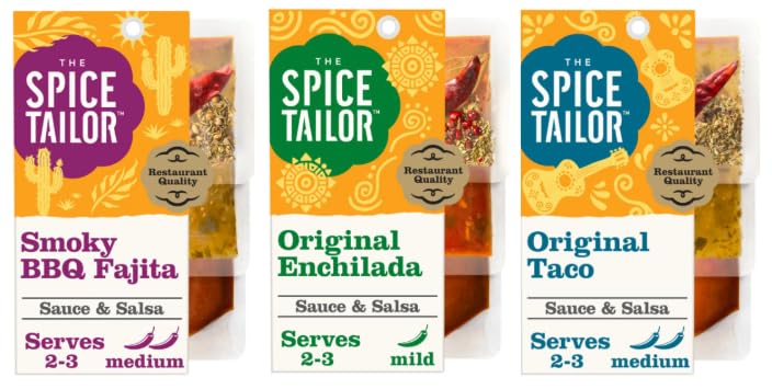 The Spice Tailor Restaurant Quality Sauce & Salsa Variety Pack, Smoky BBQ Fajita, Original Enchilada, Original Taco, Serves 2-3, Medium - (Pack of 3)
