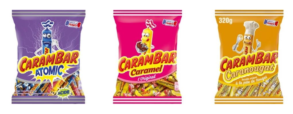 Carambar Assorted Sweets, Atomic Acide, Caramel l'Original, and Caranougat, Made in France