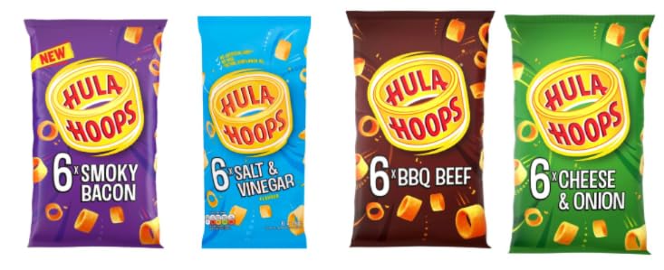 Hula Hoops Crisps Multipack, 6 Bags, Smoky Bacon, Salt & Vinegar, BBQ Beef, Cheese & Onion
