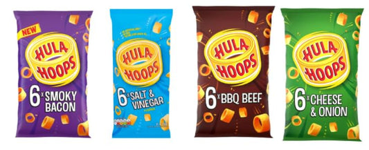 Hula Hoops Crisps Multipack, 6 Bags, Smoky Bacon, Salt & Vinegar, BBQ Beef, Cheese & Onion