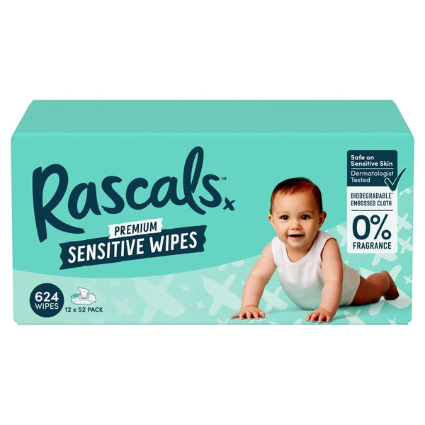 Rascals 52 Sensitive Biodegradable Wipes - 12 Packets