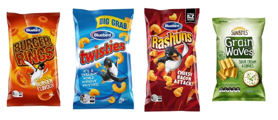 Bluebird Burger Rings, Twisties Big Grab, Rashuns Cheesy Bacon Attack and Sunbites Grain Waves Sour Cream & Chives Snack Variety Pack