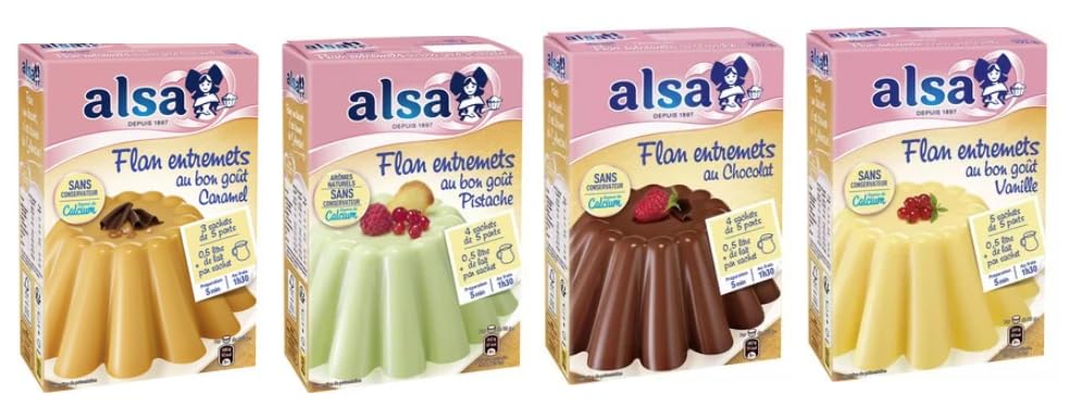 Alsa Flan Entremets Dessert Mix, Caramel, Pistache, Chocolat, and Vanille Flavours, with Calcium