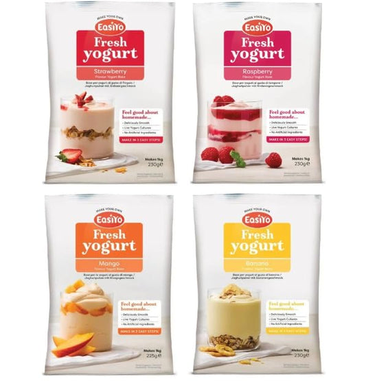 EasiYo Fresh Yogurt Bases, Strawberry, Raspberry, Mango & Banana Flavours
