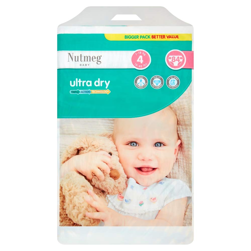 Nutmeg Baby Ultra Dry Size 4 7-18kg/15-40lbs 84 Nappies