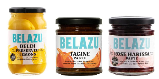 Belazu Beldi Preserved Lemons, Tagine Paste, and Rose Harissa Paste, Moroccan-Style