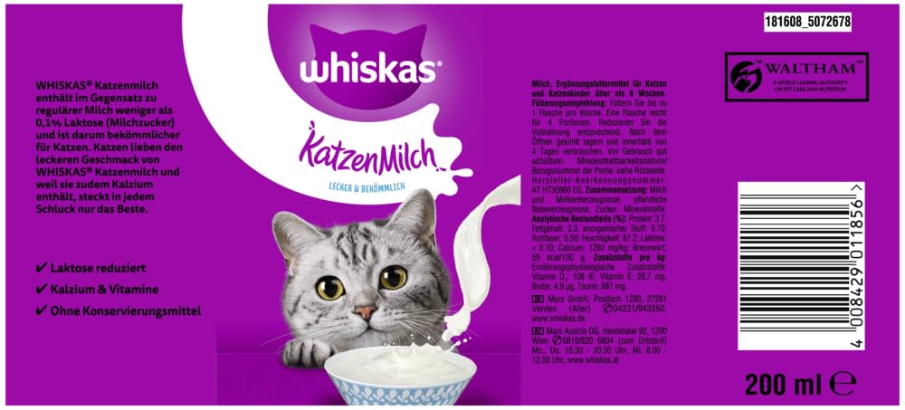 whiskas Cat milk lactose and fat reduced, 6 x 200 ml.