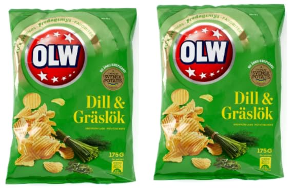 OLW Dill & Gräslök Ridged Potato Chips, Fredagsmys Favourite, 175g - Pack of 2