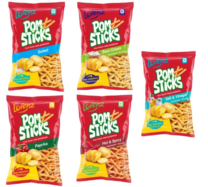 Lorenz Pom Sticks Potato Snack, Salted, Sour Cream, Paprika, Hot & Spicy, Salt & Vinegar Flavours