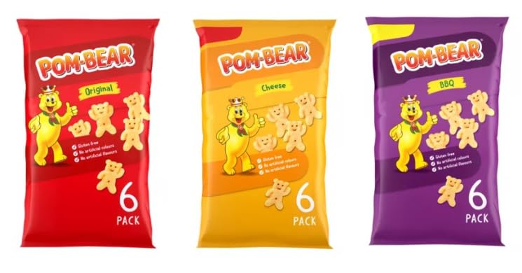 Pom-Bear Crisps Variety Pack, Original, Cheese and BBQ Flavours, Gluten Free, 6 Pack