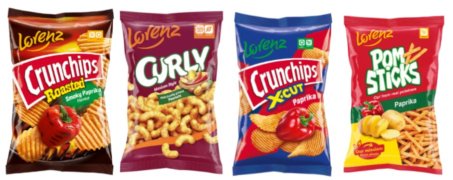 Lorenz Snack Variety Pack, Crunchips Roasted Smoky Paprika, Curly Mexican Style, X-Cut Paprika, Pom Sticks